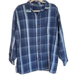 Product Think Tank Mens L Indigo Blue Plaid Flannel Sustainable Work Shirt Chore